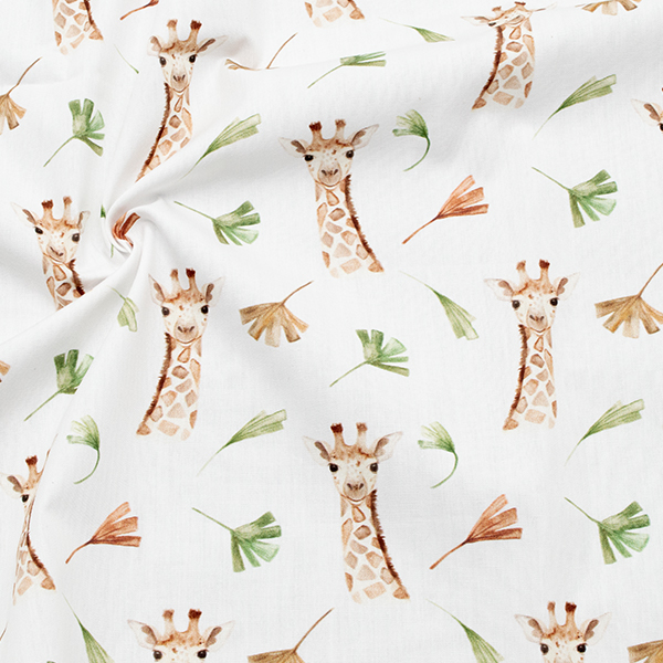 100% Baumwolle Popeline Giraffen & Blätter Farbe Weiss