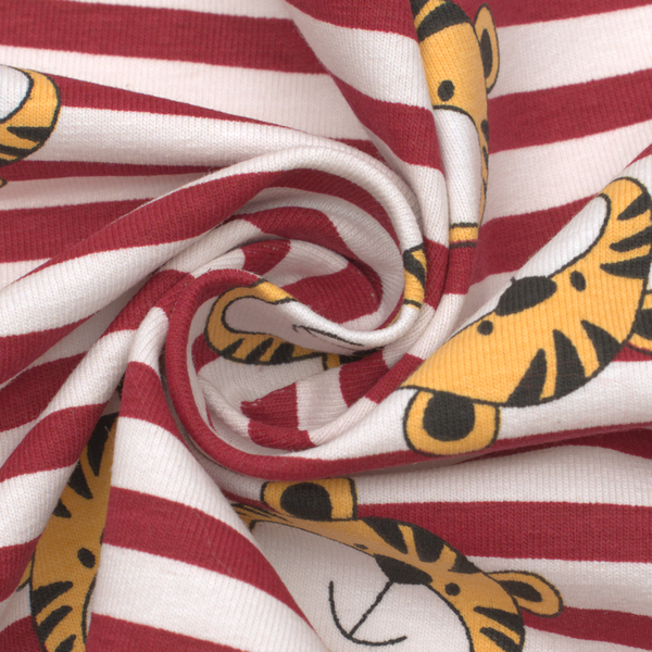 Baumwoll Stretch Jersey Tiger & Streifen Rot-Weiss