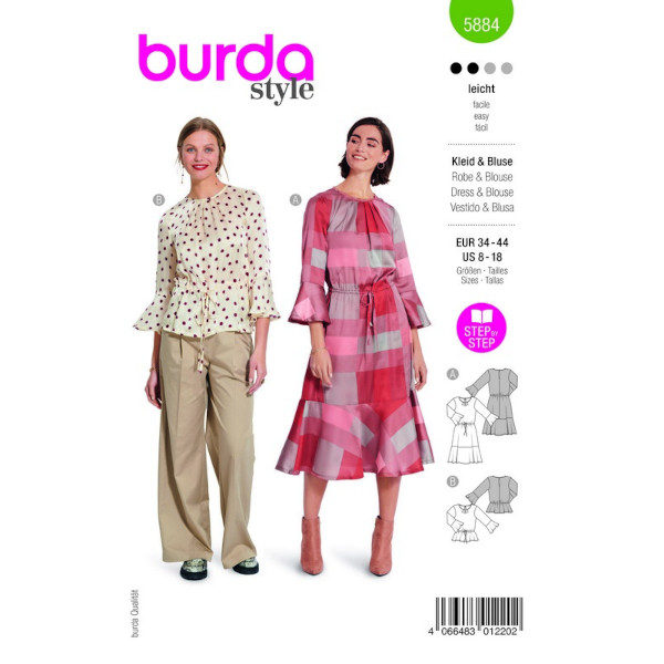 Kleid und Bluse, Gr. 34 - 44, Schnittmuster Burda 5884