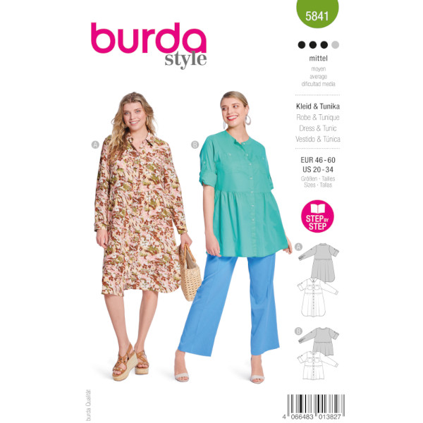 Kleid / Tunika mit Hemdkragen, Gr. 46 - 60, Schnittmuster Burda 5841