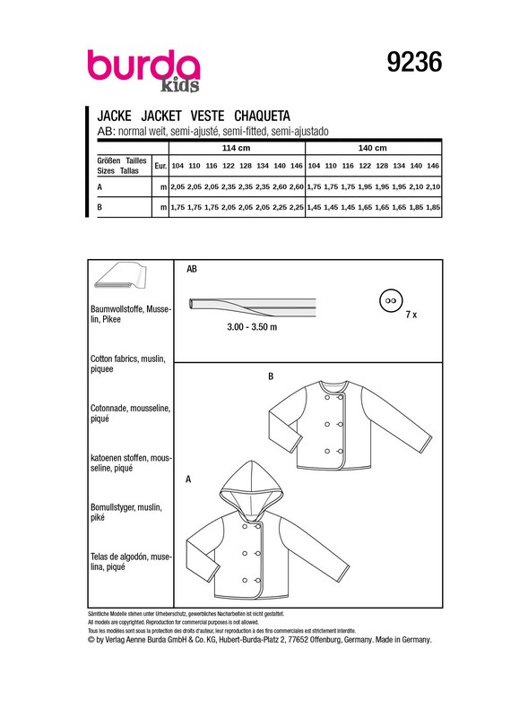 Leichte Kinder - Jacken, Gr. 104 - 140, Schnittmuster Burda 9236
