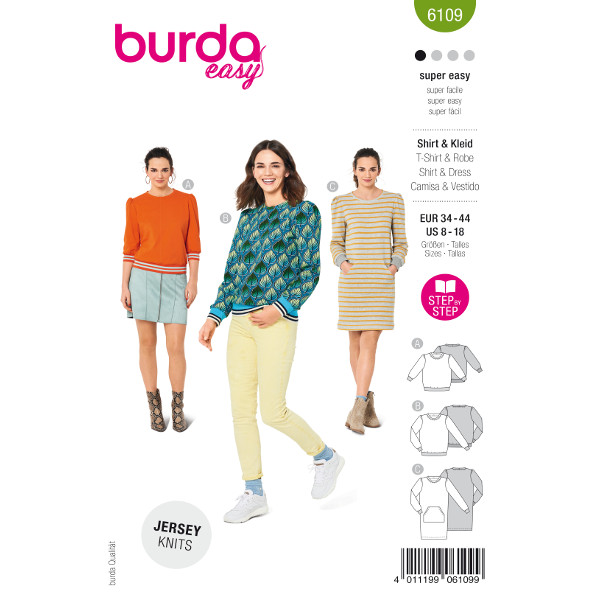 Bequeme Sweatshirts / Kleid mit Känguru-Tasche, Gr. 34 - 44 Schnittmuster Burda 6109