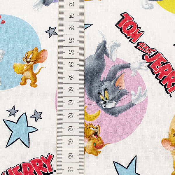 100% Lizenz Baumwollstoff Popeline Tom und Jerry Cartoon Weiss