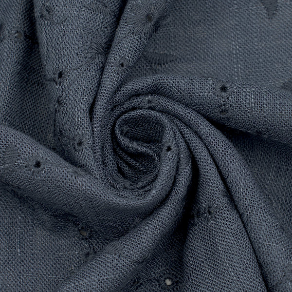 Viskose-Leinen Mix bestickt Blumenranken Jeans-Blau