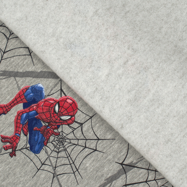 Lizenz Sweatshirt Baumwollstoff French Terry Spiderman im Netz Hell-Grau meliert