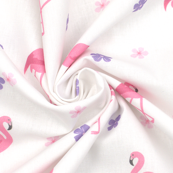 100% Baumwolle Popeline Flamingos und Blüten Weiss