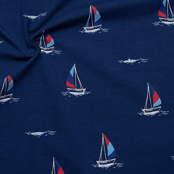 1,50 Meter - Baumwoll Stretch Jersey "Segelschiffe" Farbe Navy-Blau