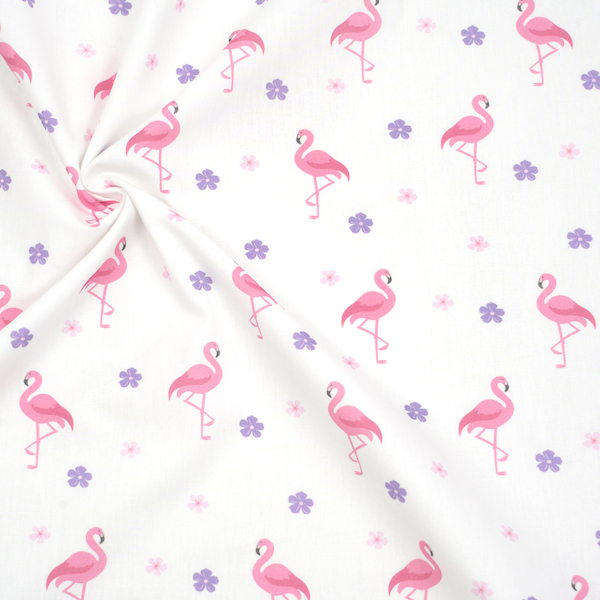 100% Baumwolle Popeline Flamingos und Blüten Weiss