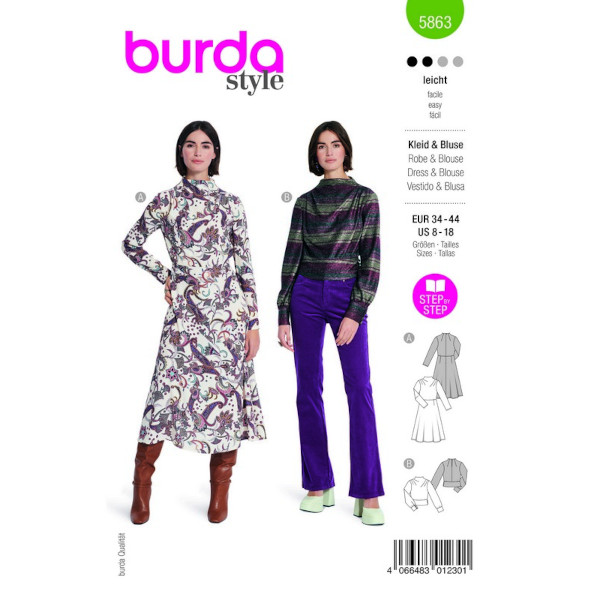 Kleid & Bluse, Gr. 34 - 44, Schnittmuster Burda 5863