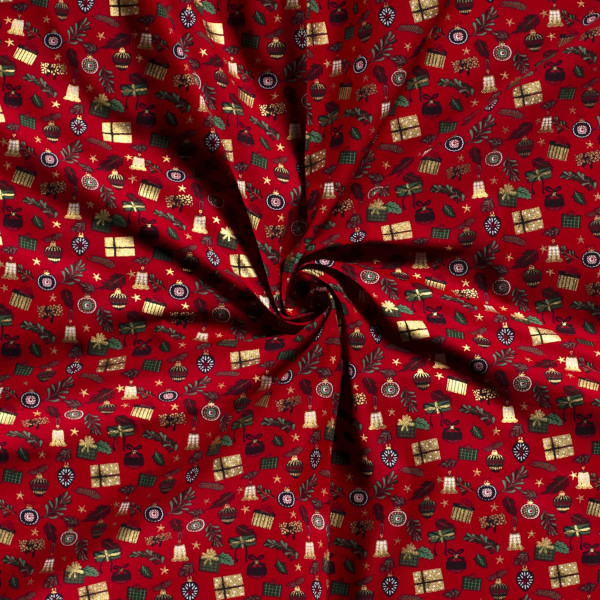 Baumwolle Popeline Weihnachtskugeln & Geschenke Farbe Rot