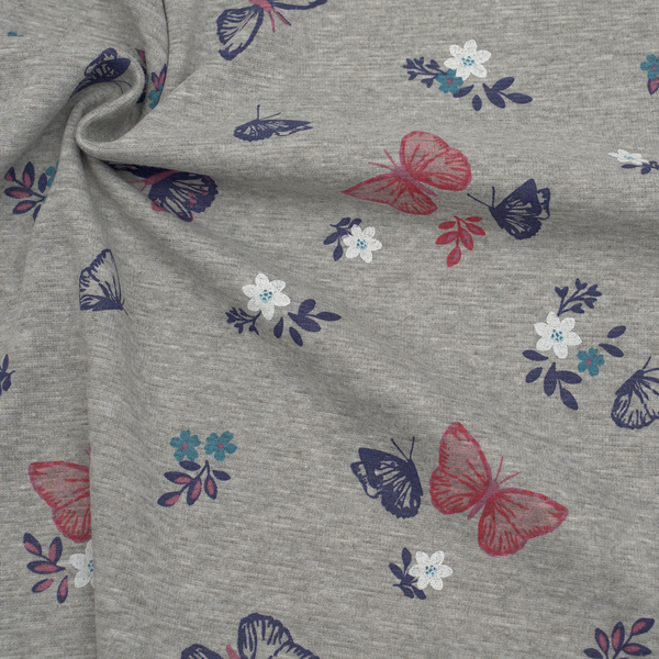 Alpenfleece Sweatshirt Schmetterlinge und Blumen Hell-Grau meliert