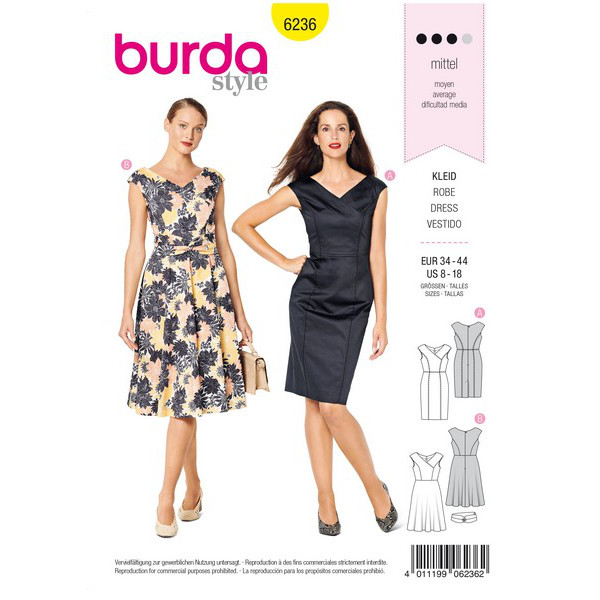 Kleid mit Wickeleffekt – V-Ausschnitt – überschnittene Schultern, Gr. 34 - 44, Schnittmuster Burda 6236