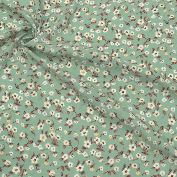 5,00 Meter - 100% Viskose Javanaise "Weisse Blüten" Farbe Mint-Grün
