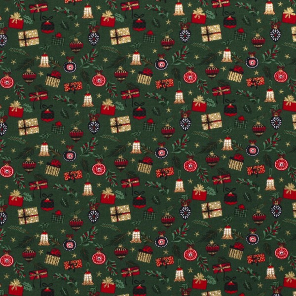 Baumwolle Popeline Weihnachtskugeln & Geschenke Dunkel-Grün