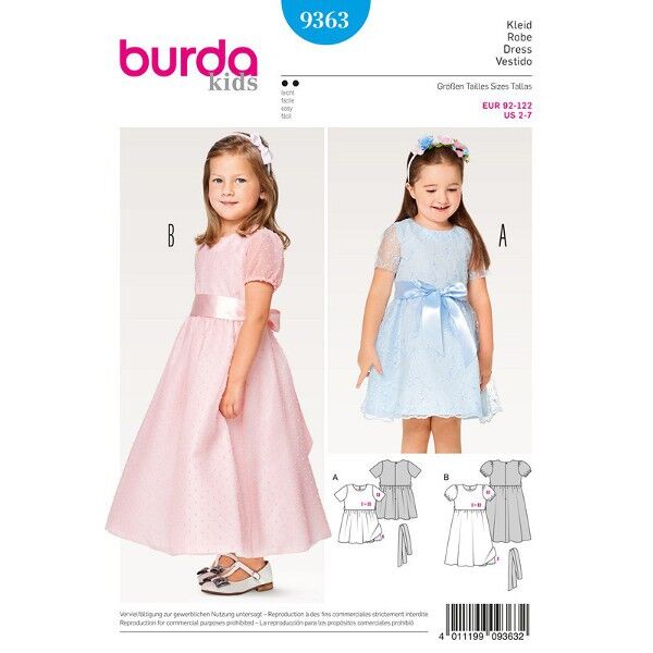 Burda 9363 Schnittmuster für ein festliches Kleid in zwei Längen mit kurzen geraden Ärmeln oder Puffärmeln