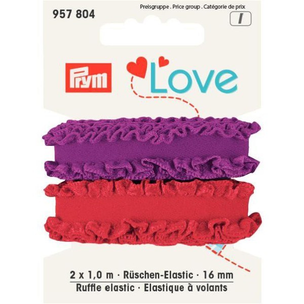 Prym Love 2 x 1m Rüschen-Elastic 16mm breit rot, dunkel flieder