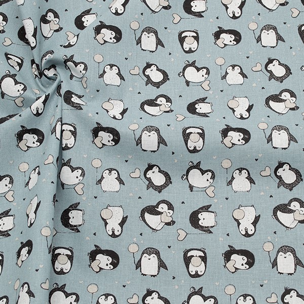 100% Baumwollstoff Kleiner Pinguin mit Luftballon Blau-Grau