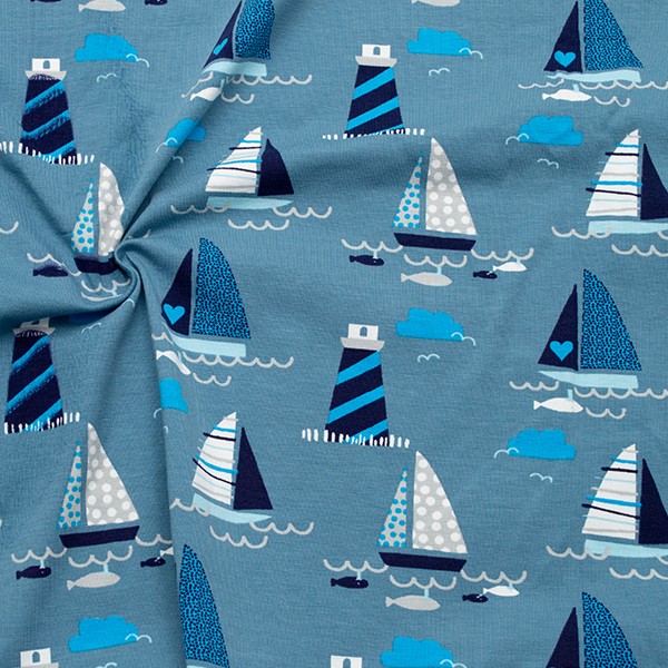 Baumwoll Stretch Jersey Segelboote und Fische Blau-Grau