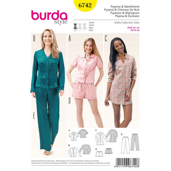 Pyjama, Nachthemd – Shorts – Bluse – Tunika, Gr. 34 - 44, Schnittmuster Burda 6742