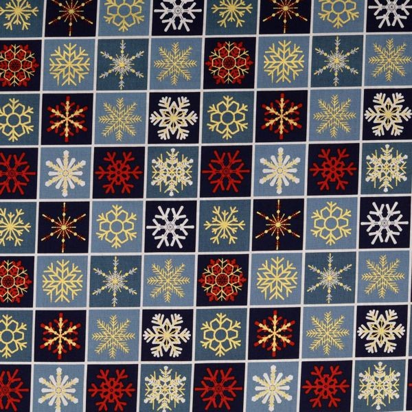 Baumwolle Popeline Schneekristalle im Quadrat Blau
