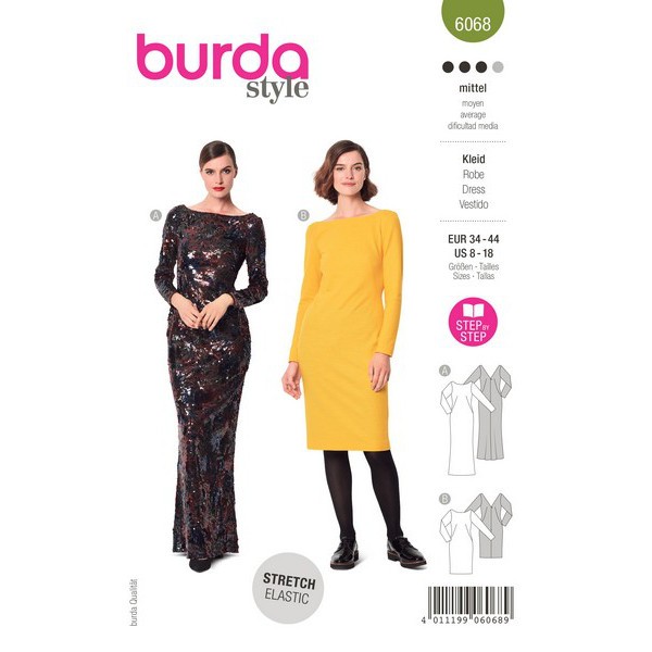 Kleid, Abendkleid – schmale Silhouette – mit Rückendecolleté, Gr. 34 - 44 Schnittmuster Burda 6068