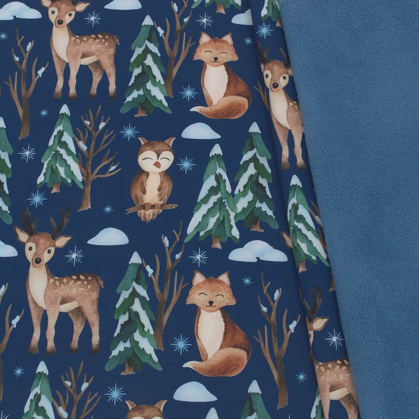 Softshell Fleece Stoff Tiere im Winterwald Dunkel- Blau