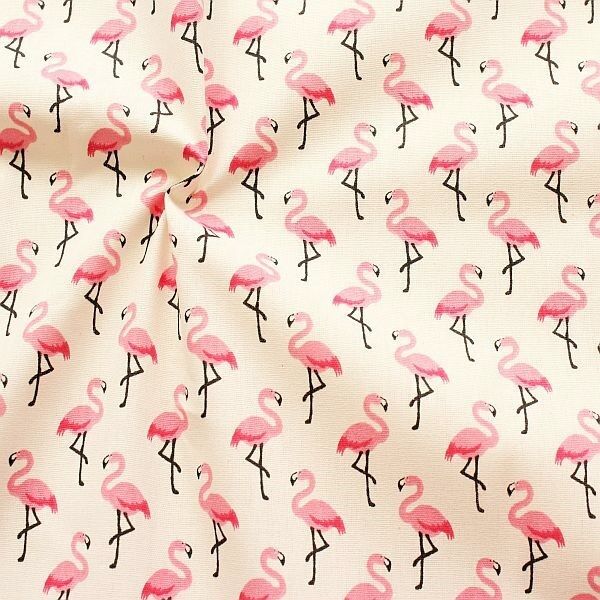 Baumwollstoff Rosa Flamingos Ecru