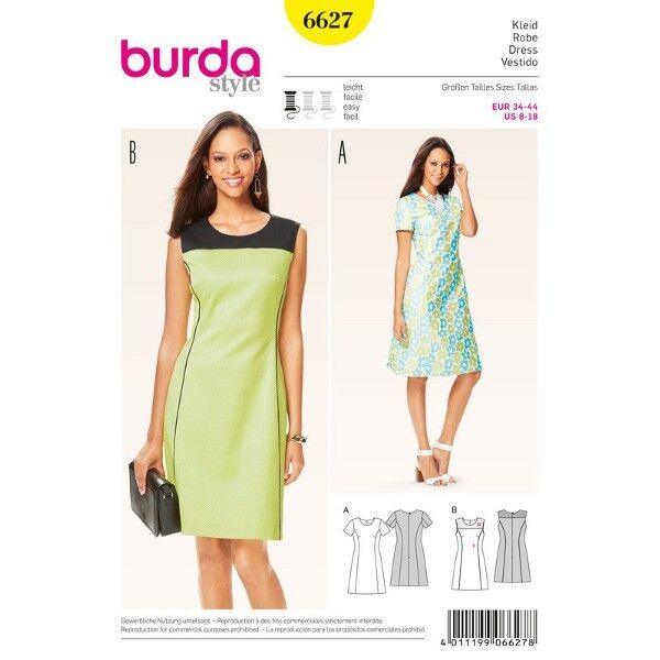 Kleid – leicht ausgestellt mit Teilungsnähten, Gr. 34 - 44, Schnittmuster Burda 6627